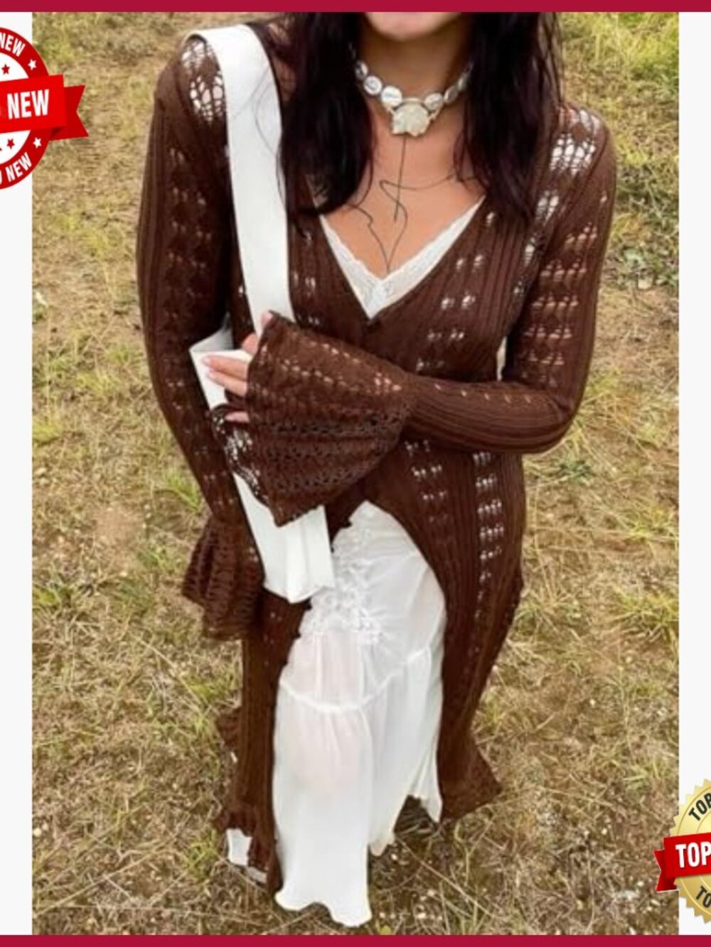 Long Crochet Cardigan Button Up Knit Hollow Out Duster Sweater Cover Up Maxi - Picture 4 of 7